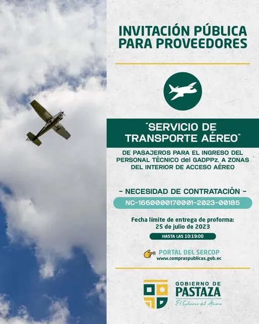 Invitación a las empresas que brindan el servicio de transporte aéreo para que participen en el siguiente proceso de contratación pública:
