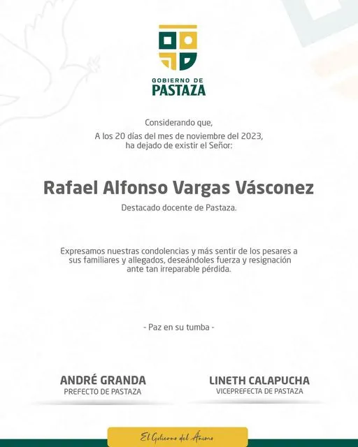 Nota de pesar, que enluta a varias familias pastacenses